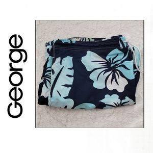 🩳 George Surfer Shorts Navy Blue & Teal  boardShorts Hibiscus print